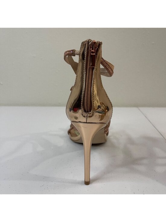 ALDO Strappy Metallic Gold Heeled Sandals With Rhinestone Accents Peep Toe - Picture 6 of 11